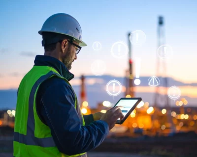 Safety inspector on-site using a tablet to log and assess hazards digitally, illustrating how real-time software improves risk response.