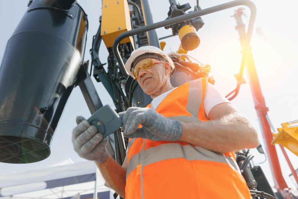 Industry operator use mobile tablet for ehs software and risk assessment forms