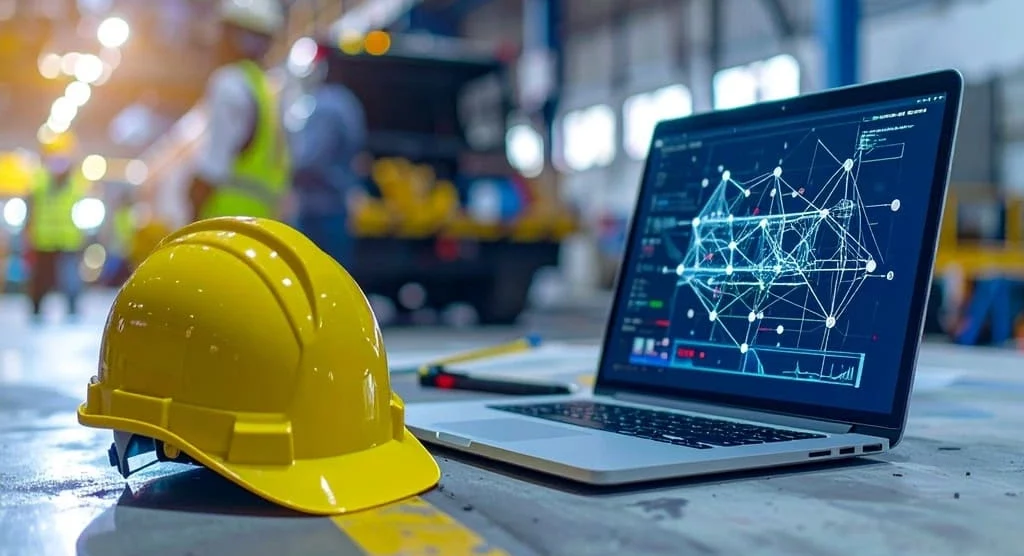 Laptop displaying digital risk analysis next to safety gear on a factory floor, supporting FMEA planning in industrial operations.
