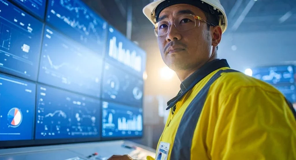 Engineers monitor digital dashboards for system failures and risk trends using FMEA in a high-tech industrial control room.