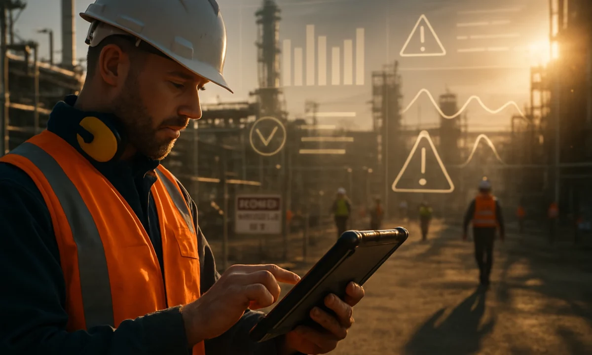 Construction supervisor holding a tablet, performing a safety audit.