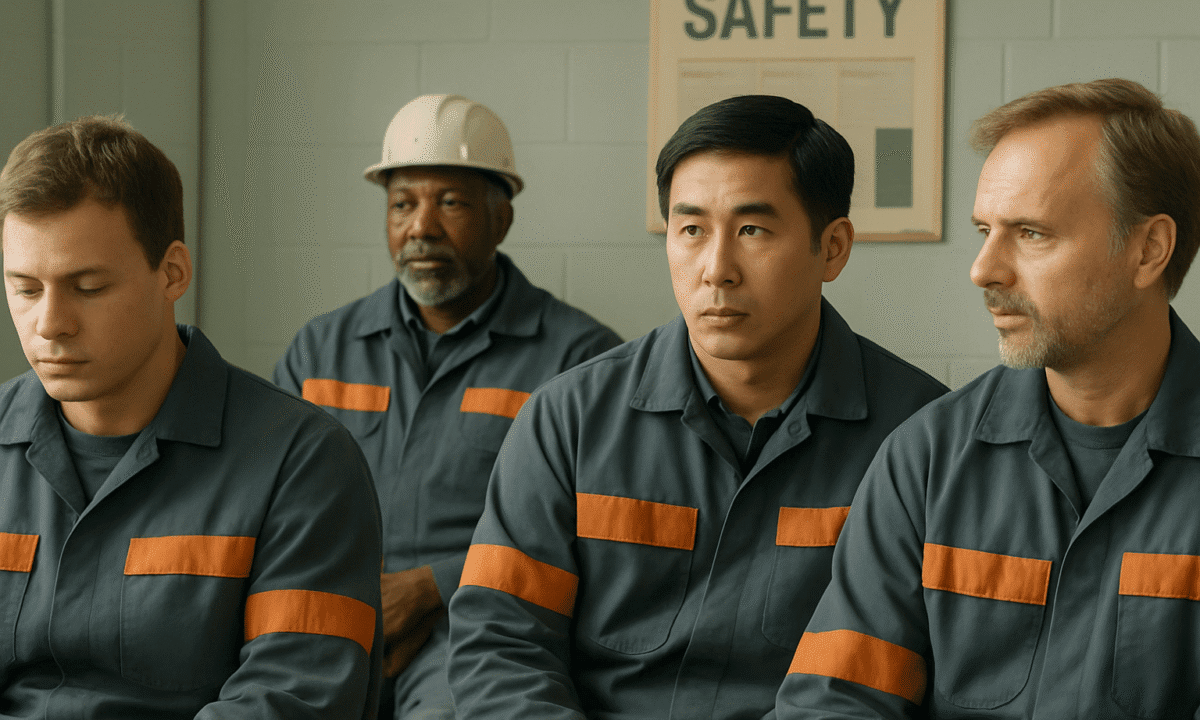 Factory workers in uniforms listening intently during a safety meeting, showing the importance of awareness in preventing risks.