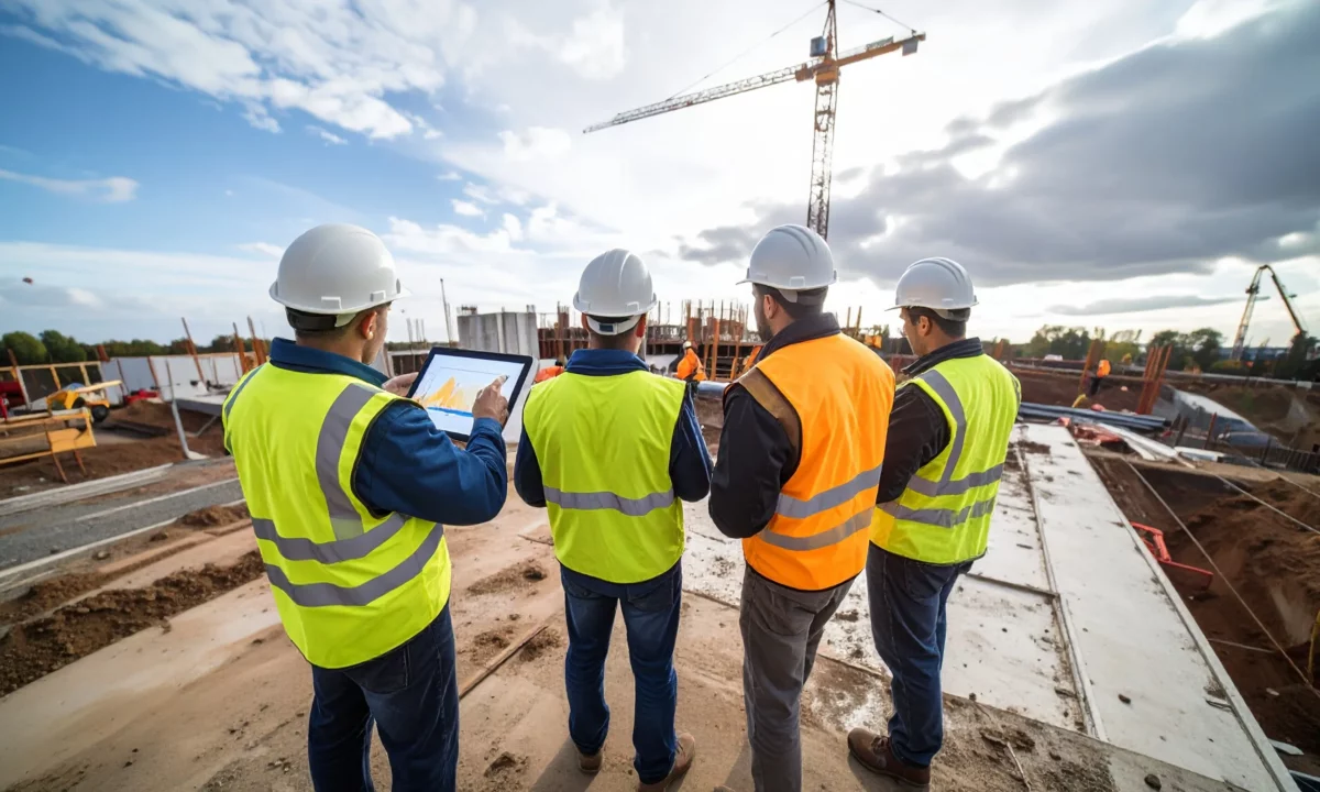 Crew reviewing site safety metrics, blending field instincts with digital insights