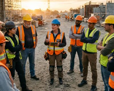 Safety professional discussing workplace safety with frontline workers on a jobsite