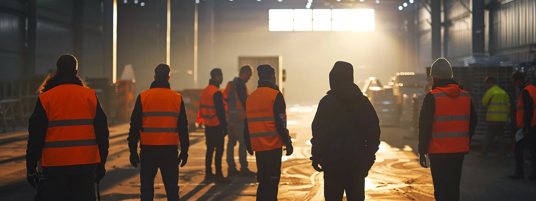 a group of employees in reflective vests conducting a thorough inspection of a warehouse filled with equipment and machinery, identifying potential hazards and risks for a comprehensive risk assessment matrix.