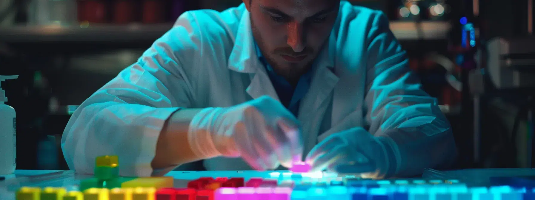 a technician carefully arranging color-coded blocks on a chart to create a detailed risk assessment matrix.