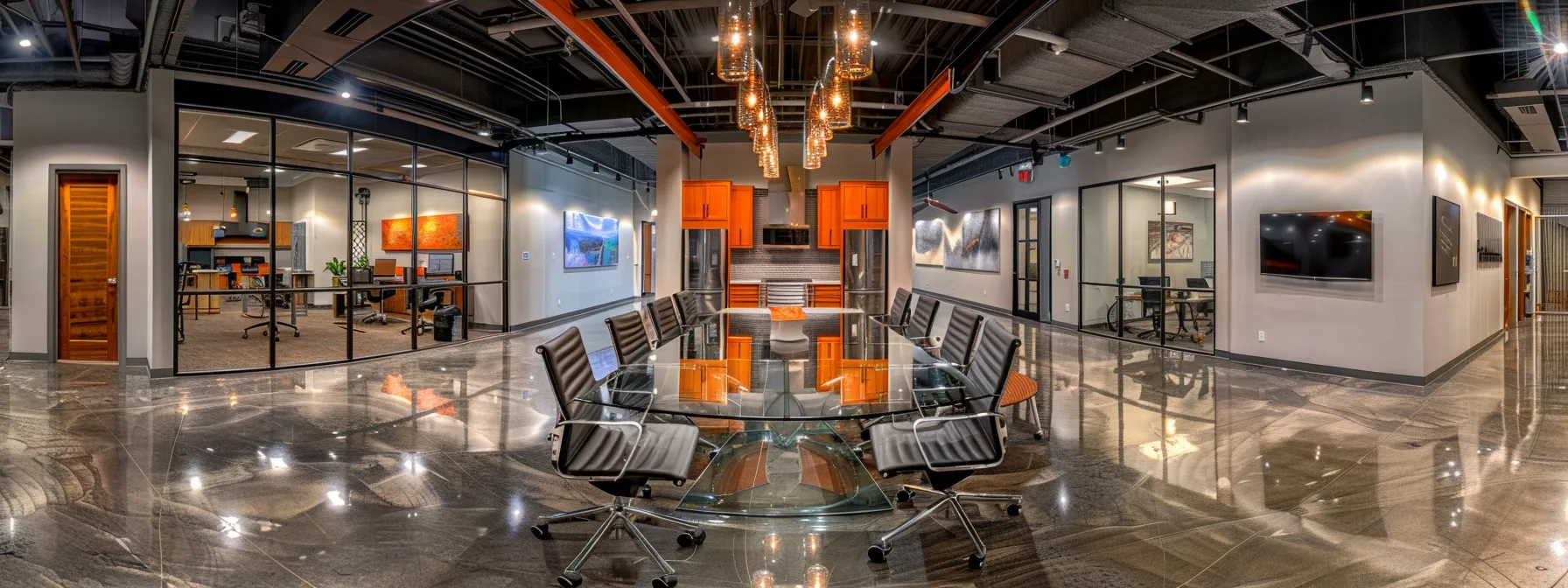 a sleek and modern office space features a polished glass conference table surrounded by high-backed ergonomic chairs, illuminated by soft overhead lighting, emphasizing a collaborative atmosphere for innovative business discussions.