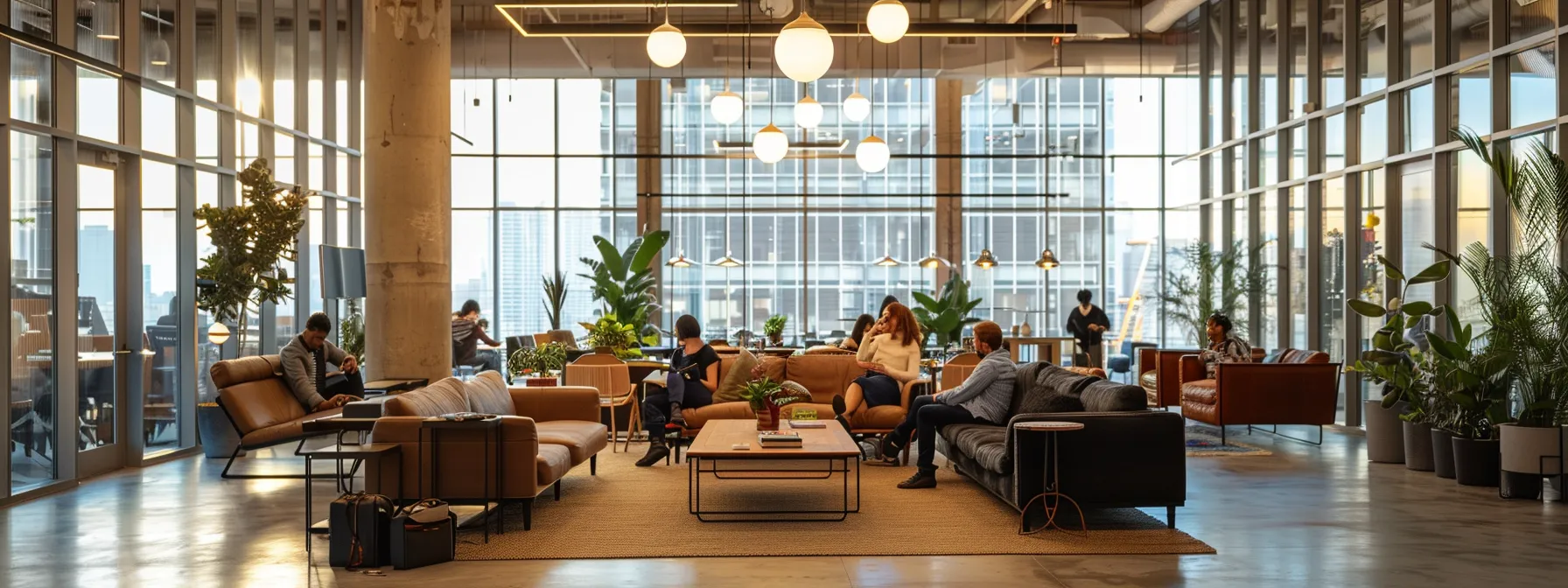 a sleek, modern office space with large glass windows showcases a sophisticated team collaboration atmosphere, illuminated by the warm glow of stylish overhead lighting reflecting off minimalist furnishings.