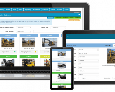 computers and devices with equipment managment software on their screens.