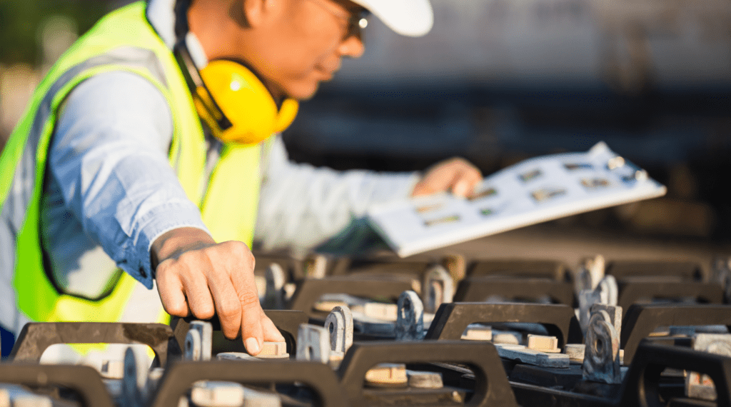 A man inspects batteries of equipment on a job site.