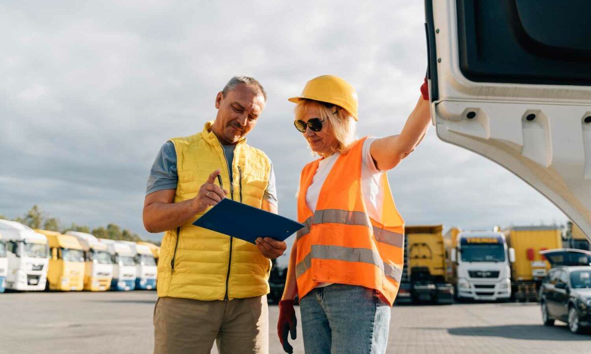 Mature woman and man at cargo warehouse, discuss pre trip inspection form. They look down upon the form and its a sunny day.