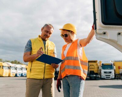Mature woman and man at cargo warehouse, discuss pre trip inspection form. They look down upon the form and its a sunny day.