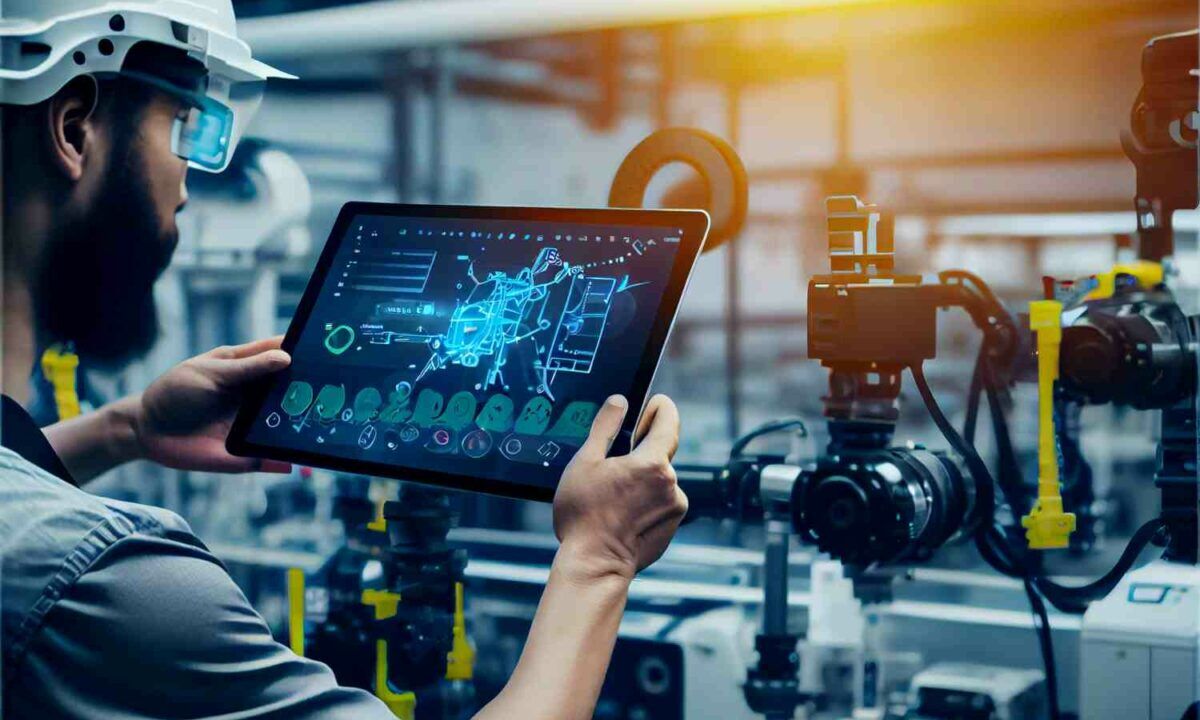 Smart factory Process Automation engineer using tablet to view learning management system while he trains in front of a pipe manifold.