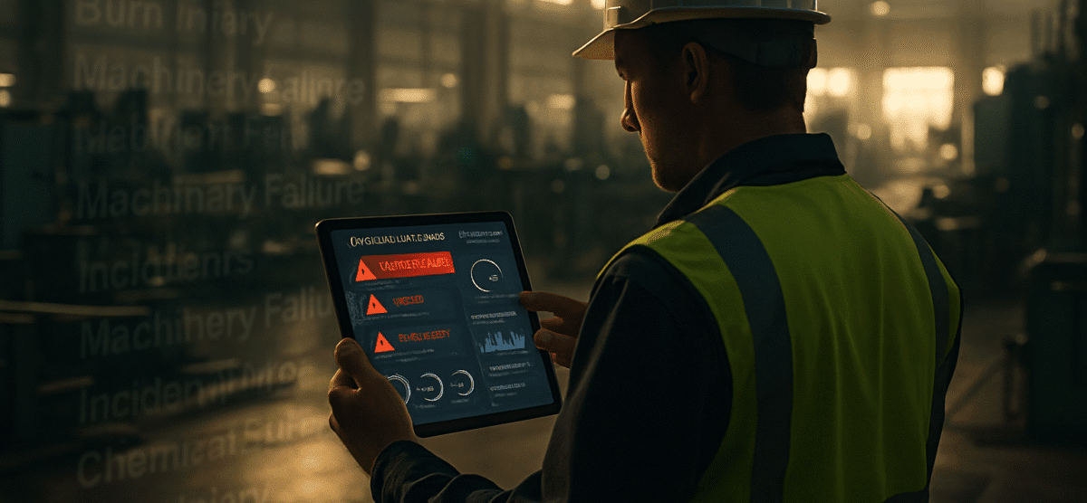 Industrial safety officer reviewing hazard warnings and performance metrics on a digital dashboard.