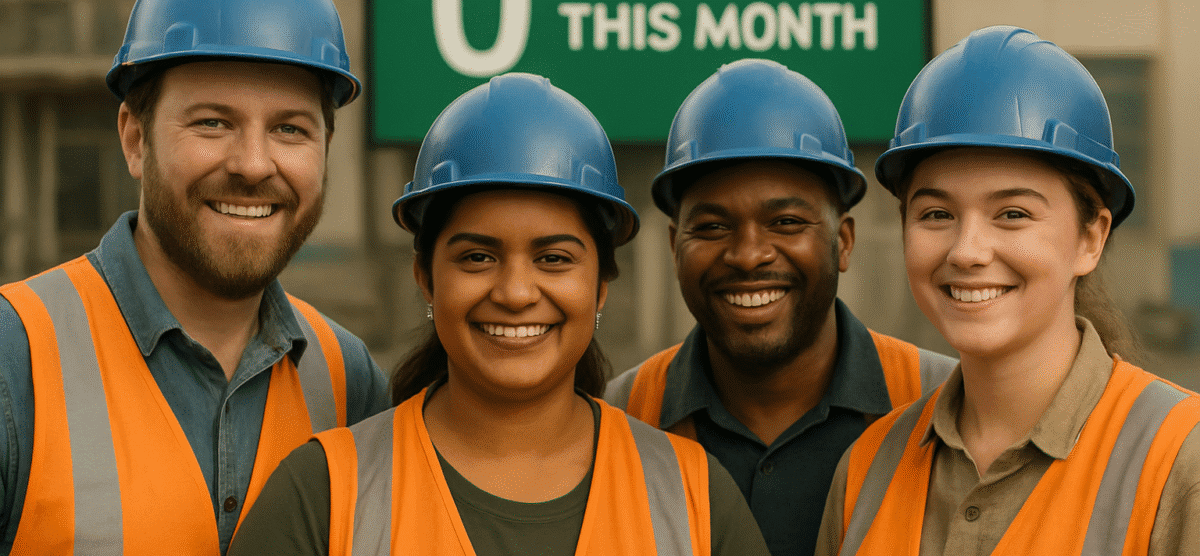 Team of workers in hard hats celebrating a month without workplace incidents.