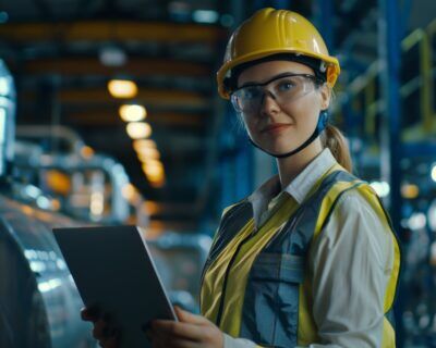 Engineer in a hard hat and vest using a laptop to support consistent safety practices at work.