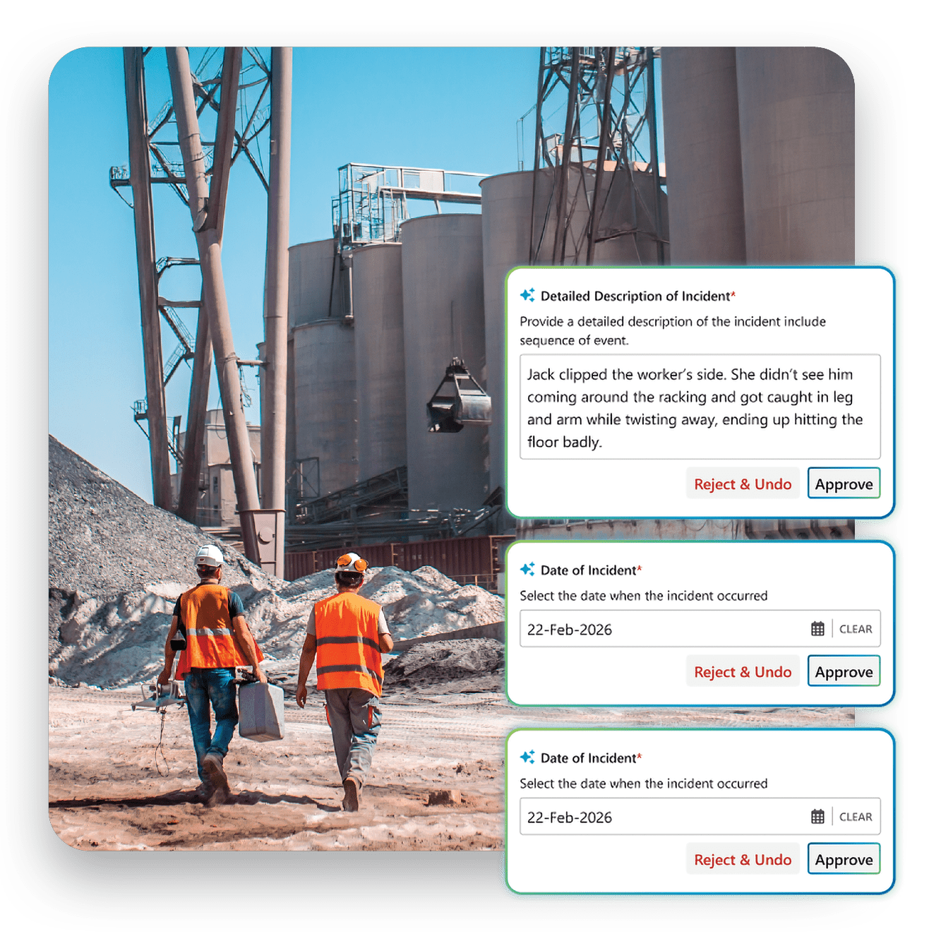 Industrial workers using AI-assisted incident reporting software on site