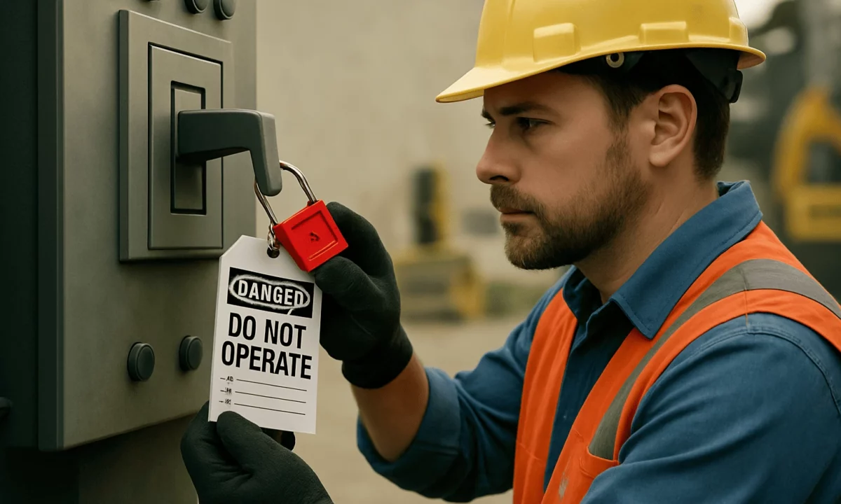 Worker applying lockout device to control panel