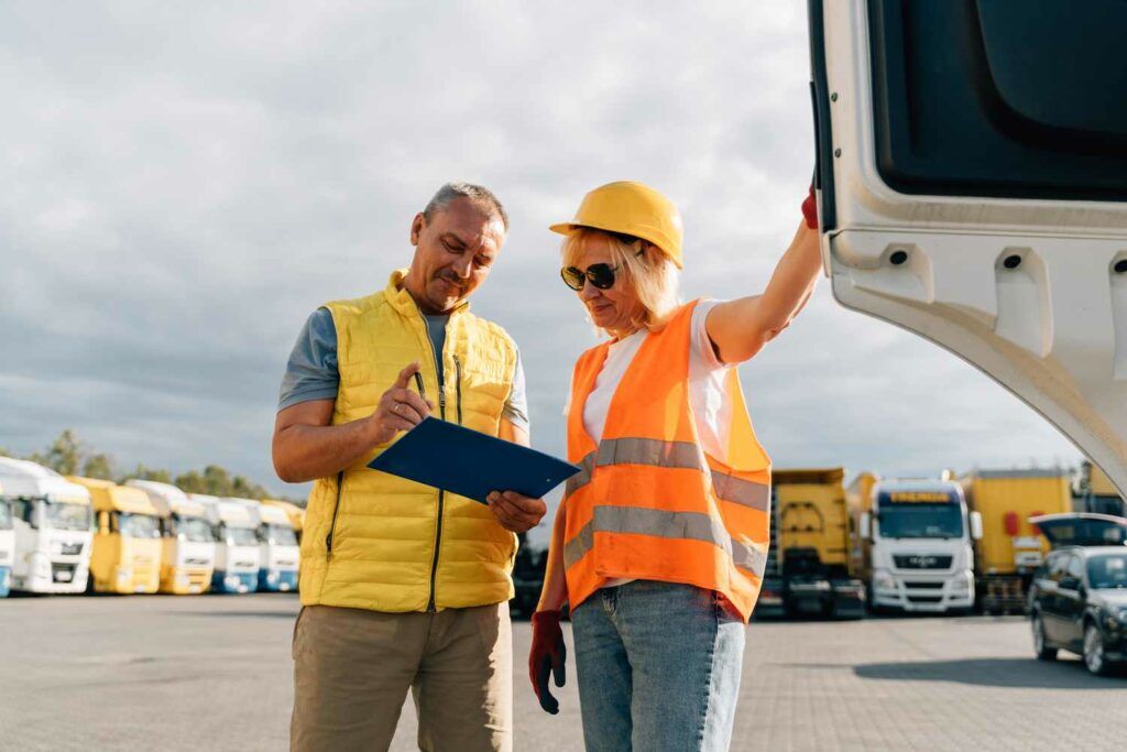 Mature woman and man at cargo warehouse, truck drivers delivery inspection Digital Folders