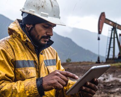 Construction safety professional recording hazards on hazard identification software.