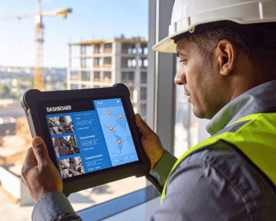 Safety dashboard on screen while worker reviews hazard map on mobile for quick decision-making in industrial setting.