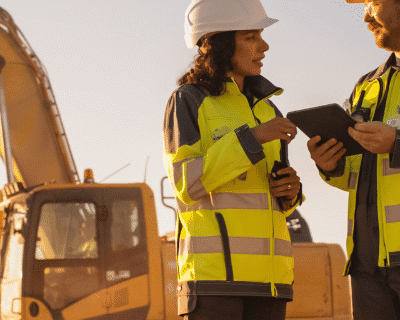 Construction worker training on excavator operation with supervisor guidance at a job site.
