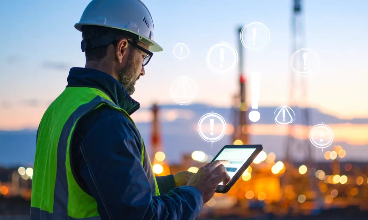 Safety inspector on-site using a tablet to log and assess hazards digitally, illustrating how real-time software improves risk response.