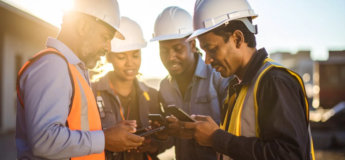 Team of workers using smartphones on-site to report hazards, showcasing how mobile safety tools boost real-time awareness.