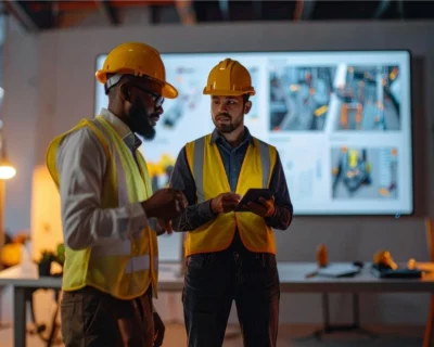 Workers in safety gear reviewing digital instructions on a tablet at a construction site, illustrating practical tech use in the field.