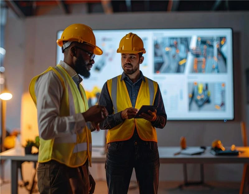 Workers in safety gear reviewing digital instructions on a tablet at a construction site, illustrating practical tech use in the field.
