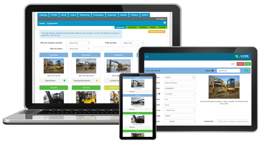 computers and devices with equipment managment software on their screens.