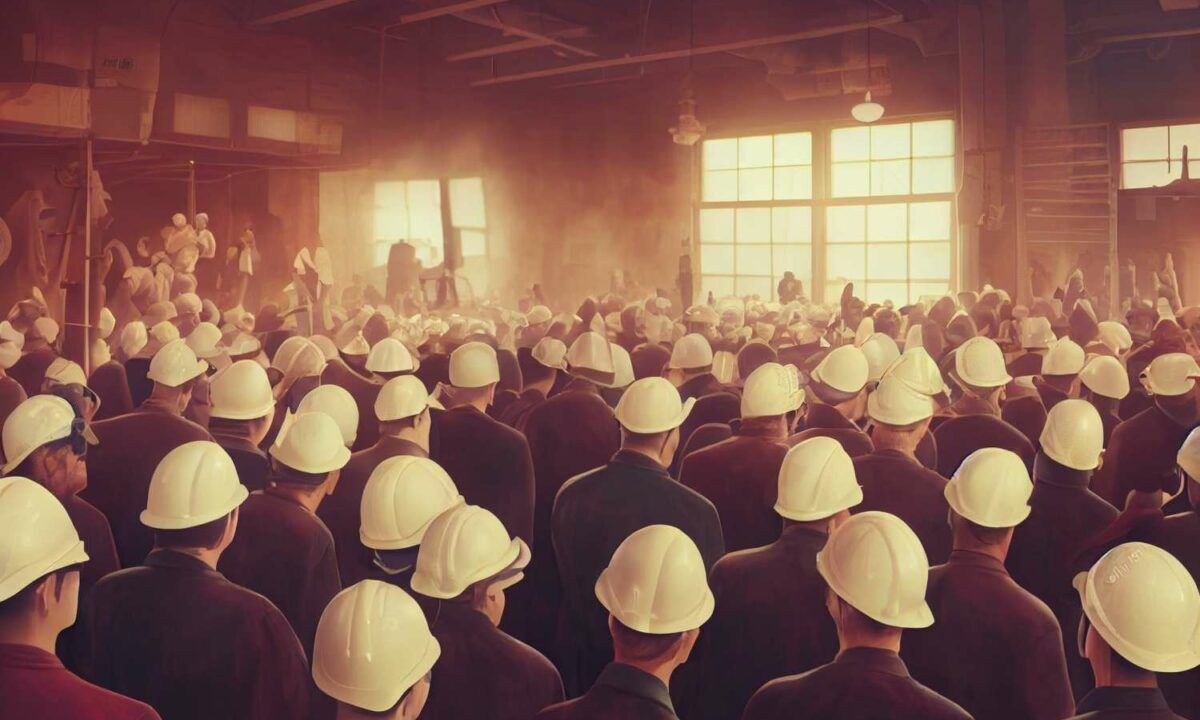 Old style looking photo taken in modern facility. Workers gather for EHS meeting