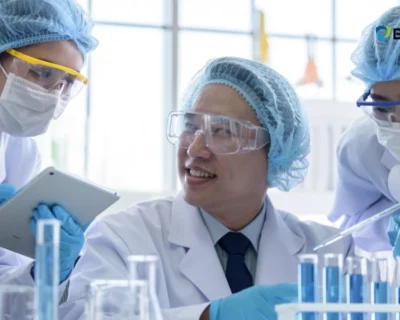 Lab technicians in full PPE reviewing chemical safety data, representing the collaborative, real-world training focus of Global Hazmat and the importance of competence over certification in hazardous materials handling.