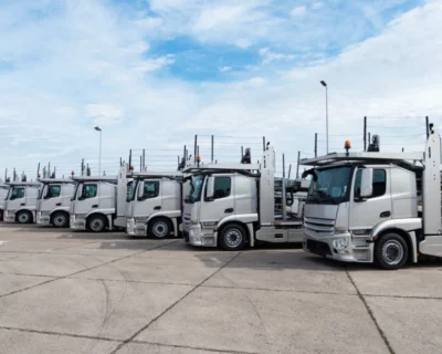 A fleet of Driverless Trucks parked in a Truck stop.