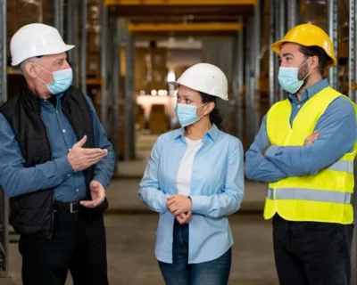 Warehouse workers in safety gear having a serious discussion, highlighting the importance of speaking up during safety meetings.