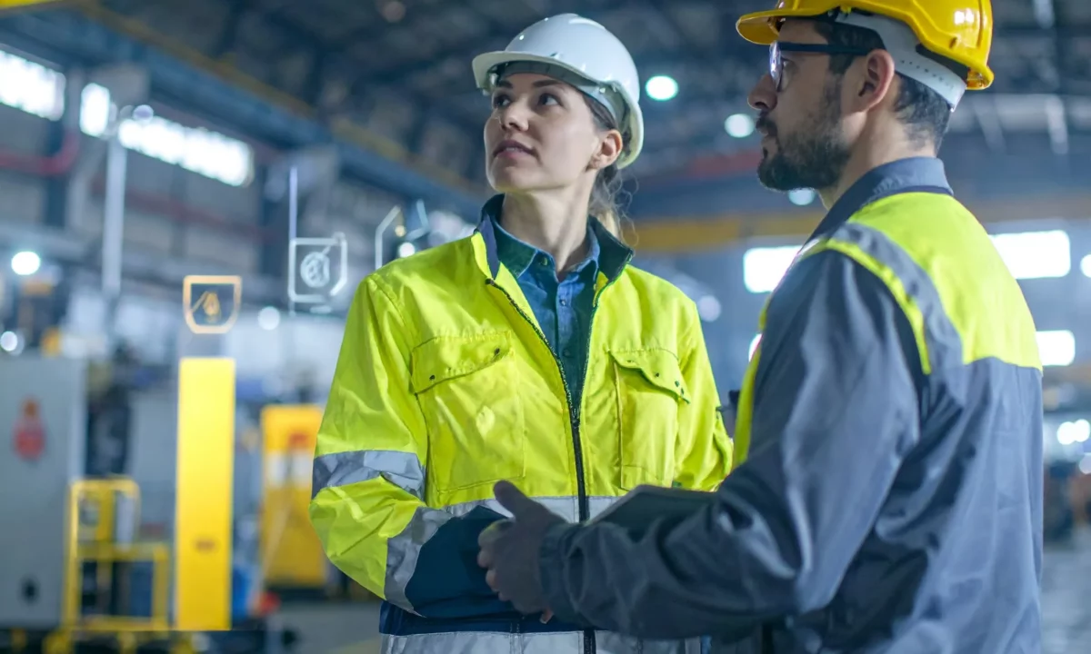 Two safety professionals discussing nonconformance issues during an equipment inspection in an industrial facility.