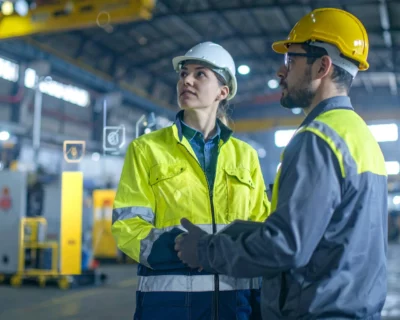 Two safety professionals discussing nonconformance issues during an equipment inspection in an industrial facility.