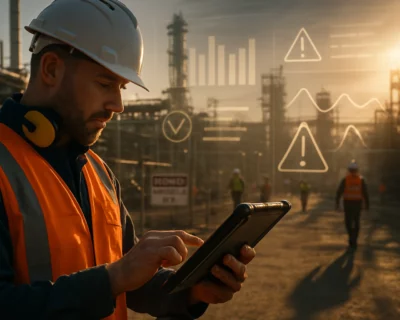 Construction supervisor holding a tablet, performing a safety audit.