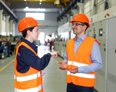 Two workers having an open conversation in a facility, demonstrating trust and psychological safety at work.