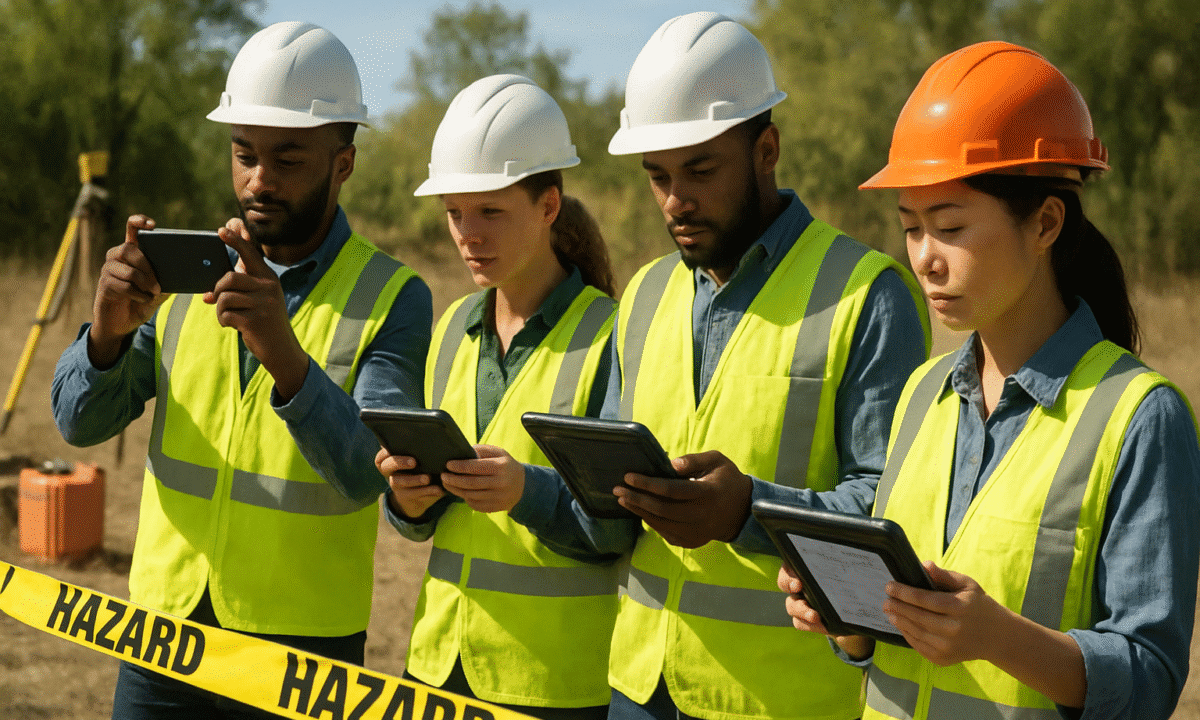 Team of field workers replacing paper hazard reports with mobile-friendly FLHA tools, improving on-site safety decisions.
