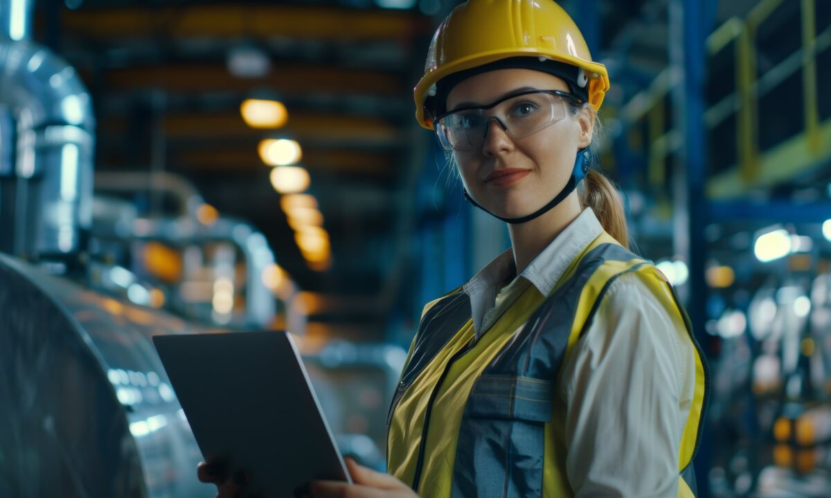 Engineer in a hard hat and vest using a laptop to support consistent safety practices at work.