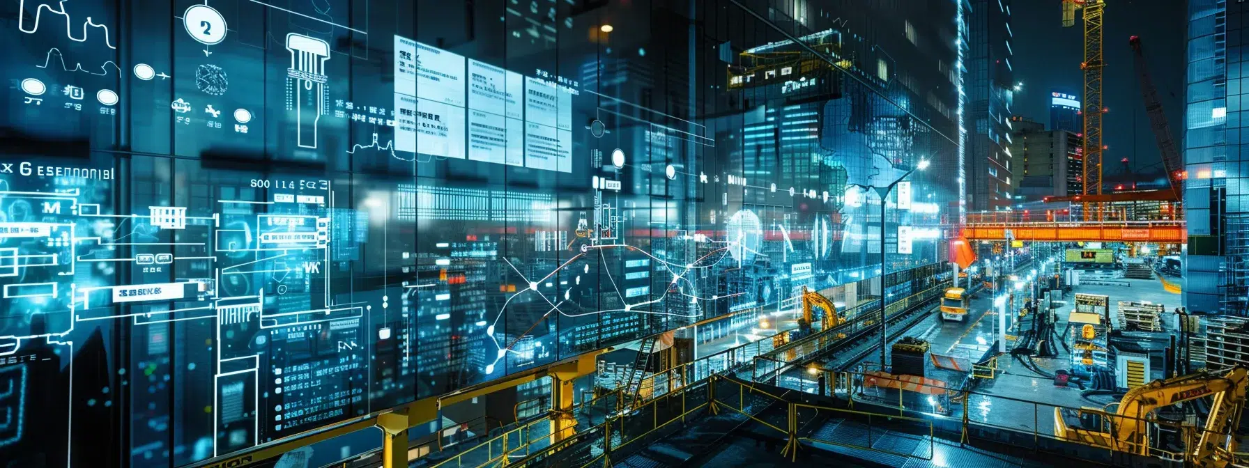 a modern construction site bustling with workers and cutting-edge technology displays screens filled with data analytics, showcasing the integration of artificial intelligence in safety management systems through vibrant graphics and digital interfaces.