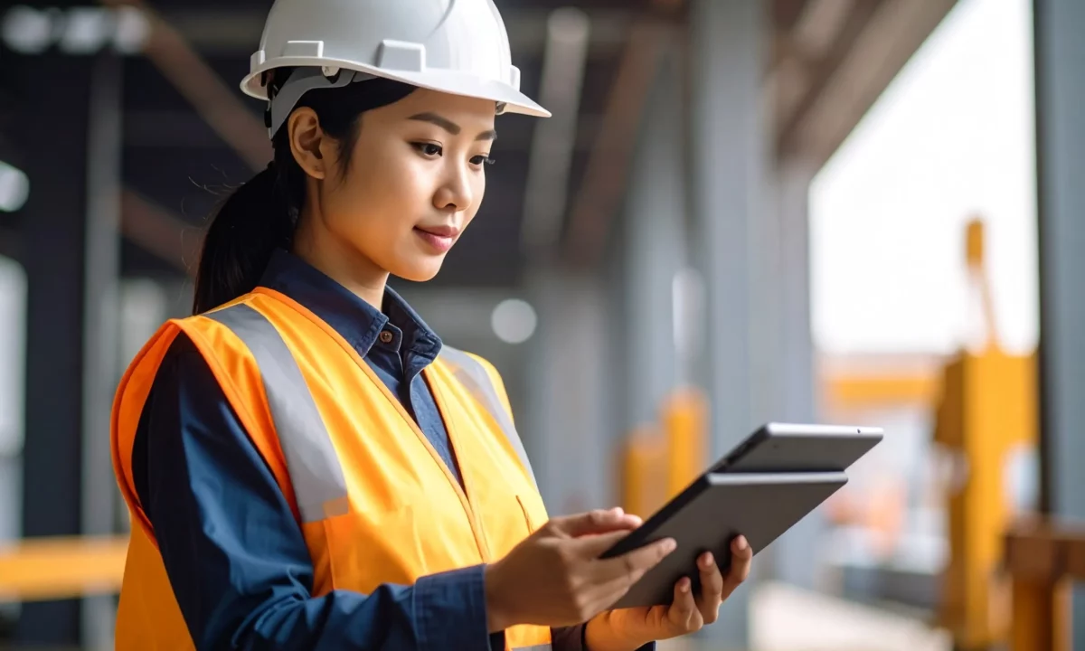 Construction team using tablets for safety checks at a wind farm. onstruction worker using a tablet for safety checks on-site.