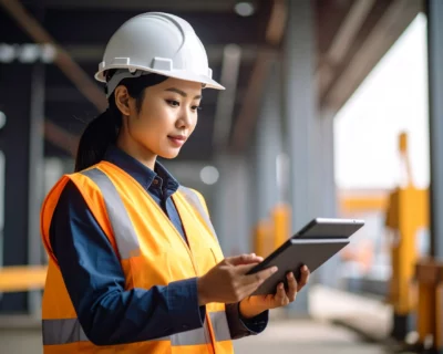 Construction team using tablets for safety checks at a wind farm. onstruction worker using a tablet for safety checks on-site.