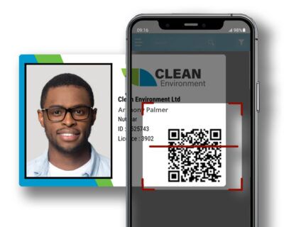 Digital ID badge system enabling quick QR code scanning for secure site access.