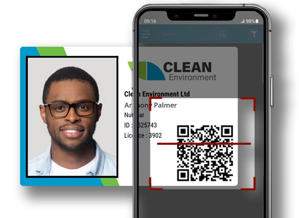 Digital ID badge system enabling quick QR code scanning for secure site access.