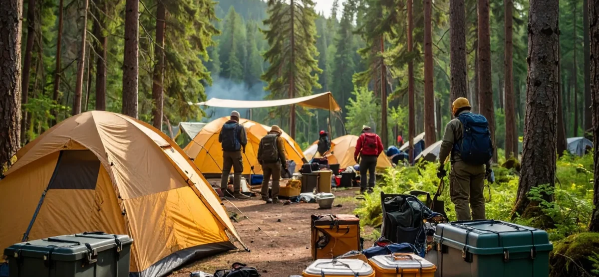 Forest worksite camp with secure food storage and tents, highlighting U.S. workplace bear safety strategies.