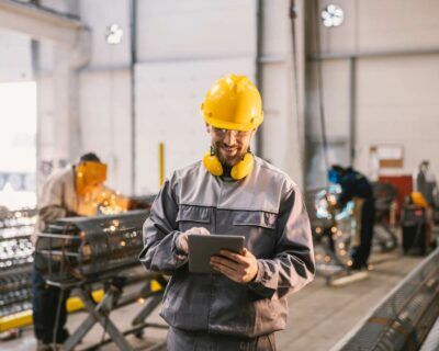 A heavy industry supervisor is taking course on tablet in facility while smiling at the camera. In blurry background workers welding and grinding metal framework.