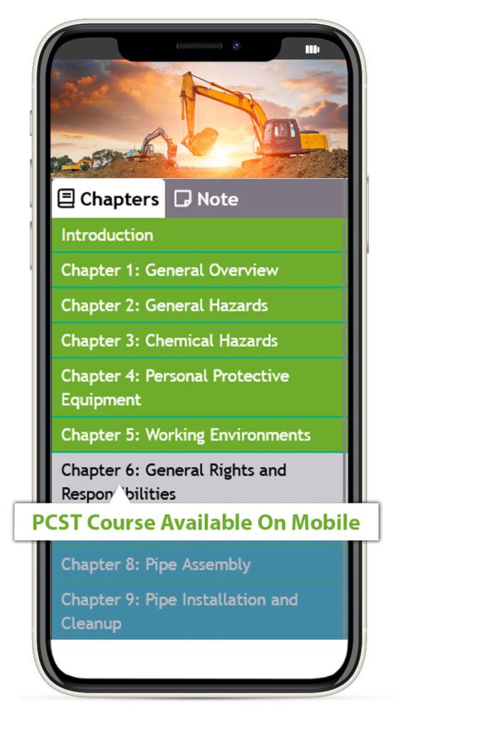 A photo of the pipeline construction safety training course chapters displayed on a mobile device. The is also a speech bubble with the words "PCST Course Available On Mobile."