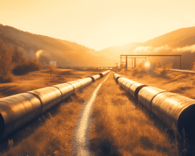 Pipeline pipes fading into a sunset.